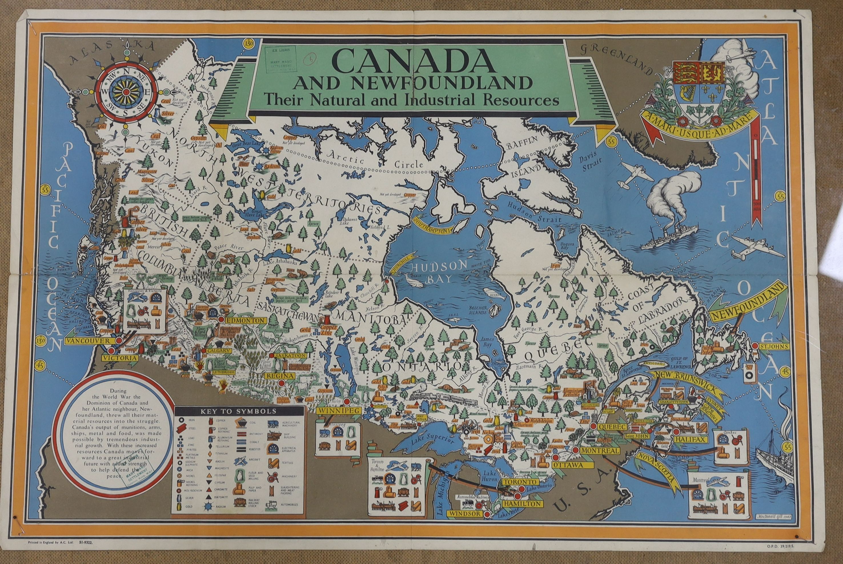 Macdonald Gill (1884-1947), A.C. Limited colour print, Poster of Canada and Newfoundland, their natural and industrial resources 1942, 51 x 75cm